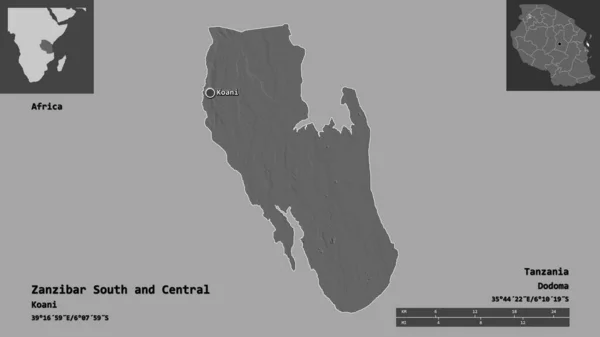 ザンジバル南部と中部 タンザニアの地域 首都の形 距離スケール プレビューおよびラベル 標高マップ 3Dレンダリング — ストック写真