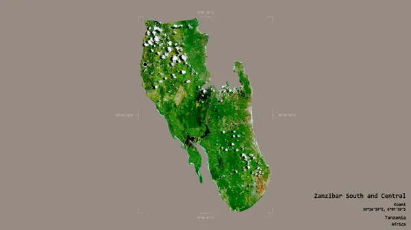 Area of Zanzibar South and Central, region of Tanzania, isolated on a solid background in a georeferenced bounding box. Labels. Satellite imagery. 3D rendering