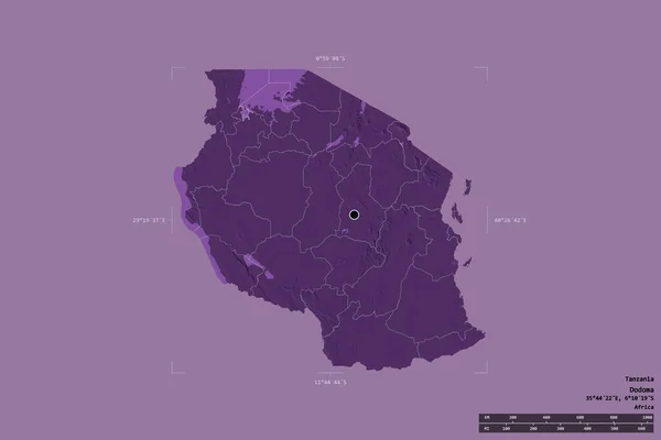 坦桑尼亚的一个区域在一个地理参照框的坚实背景上被隔离 主要区域分部 距离标度 彩色高程图 3D渲染 — 图库照片