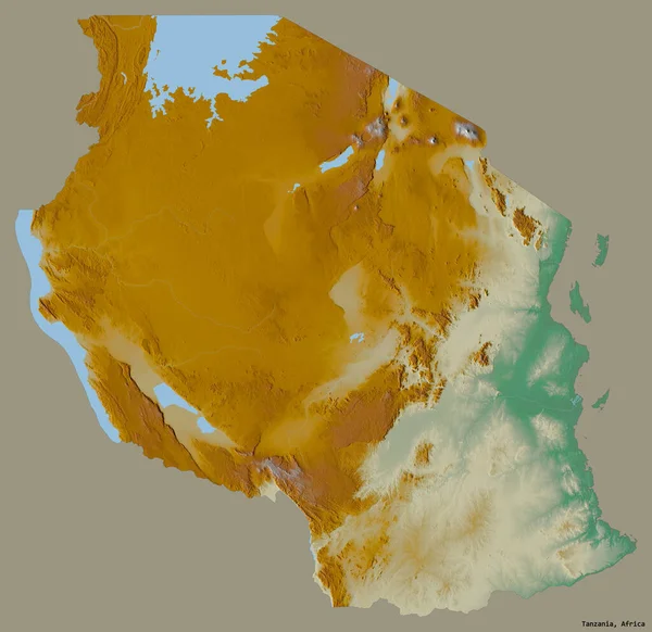 Shape of Tanzania with its capital isolated on a solid color background. Topographic relief map. 3D rendering