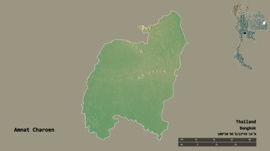 Amnat Charoen, Tayland eyaleti, başkenti sağlam arka planda izole edilmiş. Uzaklık ölçeği, bölge önizlemesi ve etiketleri. Topografik yardım haritası. 3B görüntüleme