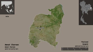 Amnat Charoen, Tayland eyaleti ve başkenti. Uzaklık ölçeği, ön gösterimler ve etiketler. Uydu görüntüleri. 3B görüntüleme