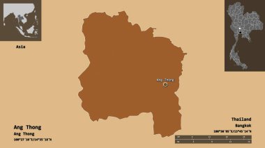 Ang Thong 'un şekli, Tayland eyaleti ve başkenti. Uzaklık ölçeği, ön gösterimler ve etiketler. Desenli dokuların bileşimi. 3B görüntüleme