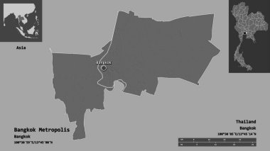 Bangkok Metropolis 'in şekli, Tayland ili ve başkenti. Uzaklık ölçeği, ön gösterimler ve etiketler. Çift seviyeli yükseklik haritası. 3B görüntüleme