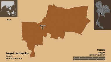Bangkok Metropolis 'in şekli, Tayland ili ve başkenti. Uzaklık ölçeği, ön gösterimler ve etiketler. Desenli dokuların bileşimi. 3B görüntüleme