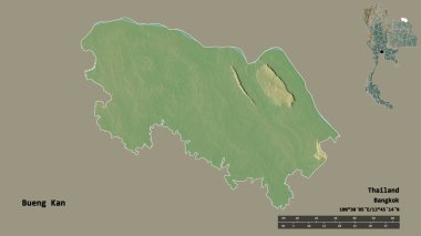 Tayland 'ın başkenti Bueng Kan' ın katı arka planda izole edilmiş hali. Uzaklık ölçeği, bölge önizlemesi ve etiketleri. Topografik yardım haritası. 3B görüntüleme