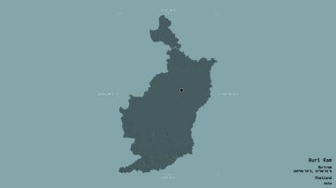 Tayland 'ın Buri Ram bölgesinde, katı bir arka planda izole edilmiş bir sınır kutusunda. Etiketler. Renkli yükseklik haritası. 3B görüntüleme