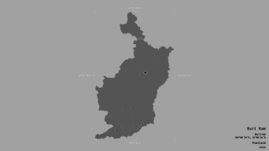 Tayland 'ın Buri Ram bölgesinde, katı bir arka planda izole edilmiş bir sınır kutusunda. Etiketler. Çift seviyeli yükseklik haritası. 3B görüntüleme