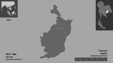 Buri Ram 'ın şekli, Tayland vilayeti ve başkenti. Uzaklık ölçeği, ön gösterimler ve etiketler. Çift seviyeli yükseklik haritası. 3B görüntüleme
