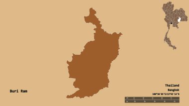 Tayland 'ın Buri Ram şehrinin başkenti, katı bir zemin ile izole edilmiştir. Uzaklık ölçeği, bölge önizlemesi ve etiketleri. Desenli dokuların bileşimi. 3B görüntüleme