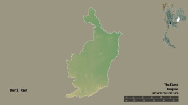 Tayland 'ın Buri Ram şehrinin başkenti, katı bir zemin ile izole edilmiştir. Uzaklık ölçeği, bölge önizlemesi ve etiketleri. Topografik yardım haritası. 3B görüntüleme