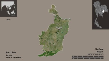 Buri Ram 'ın şekli, Tayland vilayeti ve başkenti. Uzaklık ölçeği, ön gösterimler ve etiketler. Uydu görüntüleri. 3B görüntüleme