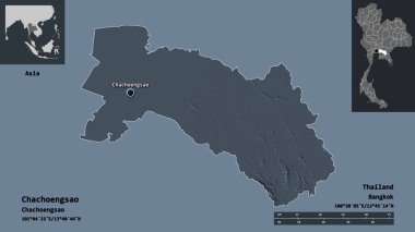 Chachoengsao 'nun şekli, Tayland eyaleti ve başkenti. Uzaklık ölçeği, ön gösterimler ve etiketler. Renkli yükseklik haritası. 3B görüntüleme