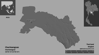 Chachoengsao 'nun şekli, Tayland eyaleti ve başkenti. Uzaklık ölçeği, ön gösterimler ve etiketler. Çift seviyeli yükseklik haritası. 3B görüntüleme