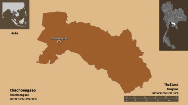Chachoengsao 'nun şekli, Tayland eyaleti ve başkenti. Uzaklık ölçeği, ön gösterimler ve etiketler. Desenli dokuların bileşimi. 3B görüntüleme