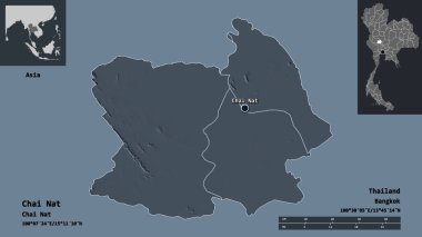 Tayland 'ın Chai Nat bölgesi ve başkenti. Uzaklık ölçeği, ön gösterimler ve etiketler. Renkli yükseklik haritası. 3B görüntüleme