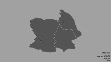 Tayland 'ın Chai Nat bölgesinde katı bir arka planda izole edilmiş bir sınır kutusunda. Etiketler. Çift seviyeli yükseklik haritası. 3B görüntüleme