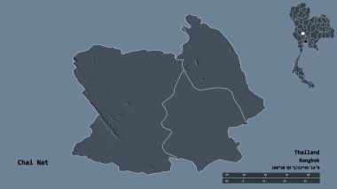 Tayland 'ın başkenti Chai Nat' ın katı arka planda izole edilmiş hali. Uzaklık ölçeği, bölge önizlemesi ve etiketleri. Renkli yükseklik haritası. 3B görüntüleme