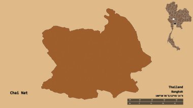 Tayland 'ın başkenti Chai Nat' ın katı arka planda izole edilmiş hali. Uzaklık ölçeği, bölge önizlemesi ve etiketleri. Desenli dokuların bileşimi. 3B görüntüleme