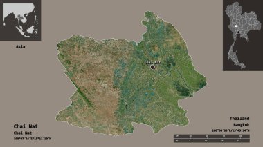 Tayland 'ın Chai Nat bölgesi ve başkenti. Uzaklık ölçeği, ön gösterimler ve etiketler. Uydu görüntüleri. 3B görüntüleme