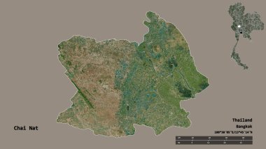Tayland 'ın başkenti Chai Nat' ın katı arka planda izole edilmiş hali. Uzaklık ölçeği, bölge önizlemesi ve etiketleri. Uydu görüntüleri. 3B görüntüleme
