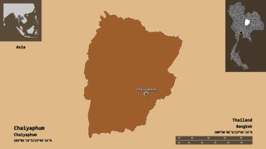 Tayland 'ın Chaiyaphum ili ve başkenti. Uzaklık ölçeği, ön gösterimler ve etiketler. Desenli dokuların bileşimi. 3B görüntüleme