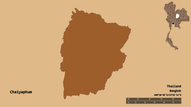 Tayland 'ın Chaiyaphum eyaleti, başkenti sağlam bir zemin üzerinde izole edilmiştir. Uzaklık ölçeği, bölge önizlemesi ve etiketleri. Desenli dokuların bileşimi. 3B görüntüleme