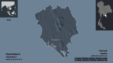 Chanthaburi 'nin şekli, Tayland eyaleti ve başkenti. Uzaklık ölçeği, ön gösterimler ve etiketler. Renkli yükseklik haritası. 3B görüntüleme