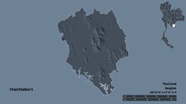 Tayland 'ın Chanthaburi eyaleti, başkenti sağlam bir zemin üzerinde izole edilmiştir. Uzaklık ölçeği, bölge önizlemesi ve etiketleri. Renkli yükseklik haritası. 3B görüntüleme