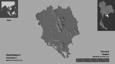 Chanthaburi 'nin şekli, Tayland eyaleti ve başkenti. Uzaklık ölçeği, ön gösterimler ve etiketler. Çift seviyeli yükseklik haritası. 3B görüntüleme