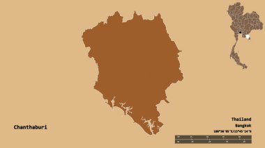 Tayland 'ın Chanthaburi eyaleti, başkenti sağlam bir zemin üzerinde izole edilmiştir. Uzaklık ölçeği, bölge önizlemesi ve etiketleri. Desenli dokuların bileşimi. 3B görüntüleme