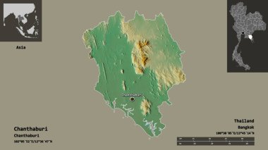 Chanthaburi 'nin şekli, Tayland eyaleti ve başkenti. Uzaklık ölçeği, ön gösterimler ve etiketler. Topografik yardım haritası. 3B görüntüleme