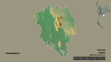 Tayland 'ın Chanthaburi eyaleti, başkenti sağlam bir zemin üzerinde izole edilmiştir. Uzaklık ölçeği, bölge önizlemesi ve etiketleri. Topografik yardım haritası. 3B görüntüleme