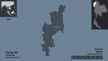 Tayland 'ın Chiang Mai şehri ve başkenti. Uzaklık ölçeği, ön gösterimler ve etiketler. Renkli yükseklik haritası. 3B görüntüleme