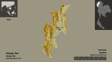 Tayland 'ın Chiang Mai şehri ve başkenti. Uzaklık ölçeği, ön gösterimler ve etiketler. Topografik yardım haritası. 3B görüntüleme