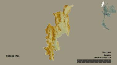 Tayland 'ın başkenti Chiang Mai' nin katı arka planda izole edilmiş hali. Uzaklık ölçeği, bölge önizlemesi ve etiketleri. Topografik yardım haritası. 3B görüntüleme