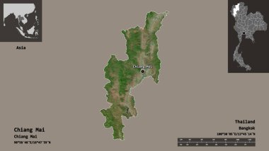 Tayland 'ın Chiang Mai şehri ve başkenti. Uzaklık ölçeği, ön gösterimler ve etiketler. Uydu görüntüleri. 3B görüntüleme