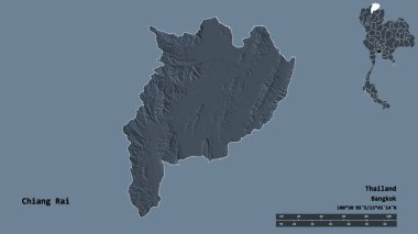 Tayland 'ın başkenti Chiang Rai' nin katı arka planda izole edilmiş hali. Uzaklık ölçeği, bölge önizlemesi ve etiketleri. Renkli yükseklik haritası. 3B görüntüleme