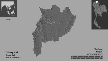 Tayland 'ın Chiang Rai şehri ve başkenti. Uzaklık ölçeği, ön gösterimler ve etiketler. Çift seviyeli yükseklik haritası. 3B görüntüleme