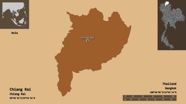 Tayland 'ın Chiang Rai şehri ve başkenti. Uzaklık ölçeği, ön gösterimler ve etiketler. Desenli dokuların bileşimi. 3B görüntüleme