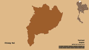 Tayland 'ın başkenti Chiang Rai' nin katı arka planda izole edilmiş hali. Uzaklık ölçeği, bölge önizlemesi ve etiketleri. Desenli dokuların bileşimi. 3B görüntüleme