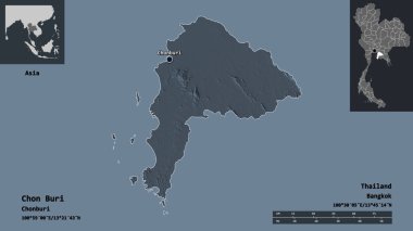Chon Buri 'nin şekli, Tayland eyaleti ve başkenti. Uzaklık ölçeği, ön gösterimler ve etiketler. Renkli yükseklik haritası. 3B görüntüleme