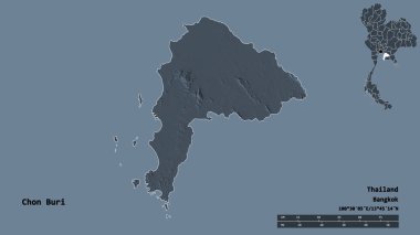 Tayland 'ın Chon Buri şehrinin başkenti, katı bir zemin ile izole edilmiştir. Uzaklık ölçeği, bölge önizlemesi ve etiketleri. Renkli yükseklik haritası. 3B görüntüleme