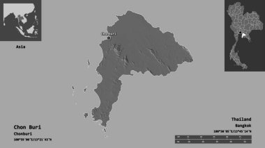Chon Buri 'nin şekli, Tayland eyaleti ve başkenti. Uzaklık ölçeği, ön gösterimler ve etiketler. Çift seviyeli yükseklik haritası. 3B görüntüleme