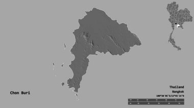 Tayland 'ın Chon Buri şehrinin başkenti, katı bir zemin ile izole edilmiştir. Uzaklık ölçeği, bölge önizlemesi ve etiketleri. Çift seviyeli yükseklik haritası. 3B görüntüleme