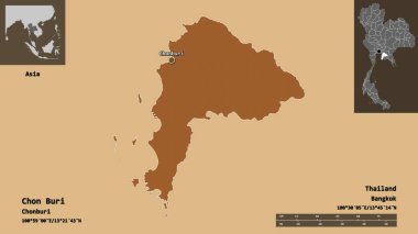 Chon Buri 'nin şekli, Tayland eyaleti ve başkenti. Uzaklık ölçeği, ön gösterimler ve etiketler. Desenli dokuların bileşimi. 3B görüntüleme