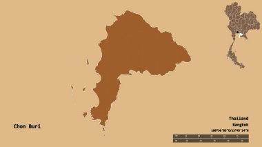 Tayland 'ın Chon Buri şehrinin başkenti, katı bir zemin ile izole edilmiştir. Uzaklık ölçeği, bölge önizlemesi ve etiketleri. Desenli dokuların bileşimi. 3B görüntüleme