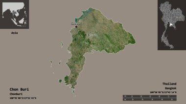 Chon Buri 'nin şekli, Tayland eyaleti ve başkenti. Uzaklık ölçeği, ön gösterimler ve etiketler. Uydu görüntüleri. 3B görüntüleme