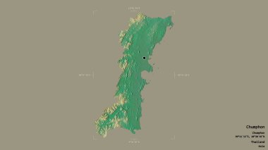 Chumphon bölgesi, Tayland eyaleti, jeoreferated sınır kutusunda katı bir arka planda izole edilmiş. Etiketler. Topografik yardım haritası. 3B görüntüleme