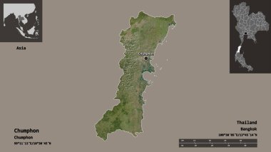Chumphon, Tayland eyaleti ve başkenti. Uzaklık ölçeği, ön gösterimler ve etiketler. Uydu görüntüleri. 3B görüntüleme
